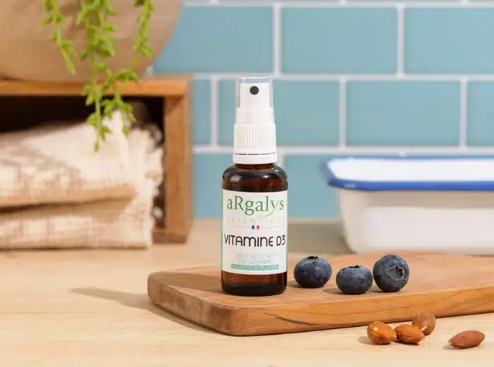 Flacon de vitamine D3 Argalys issue du lichen, complément vegan fabriqué en France pour soutenir l’énergie, l’immunité et la vitalité.