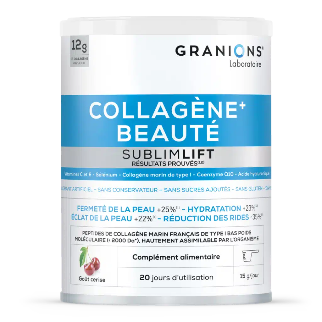 flacon du complément Granions Collagène+ Beauté Sublimlift avec ingrédients visibles, ambiance cosmétique française haut de gamme