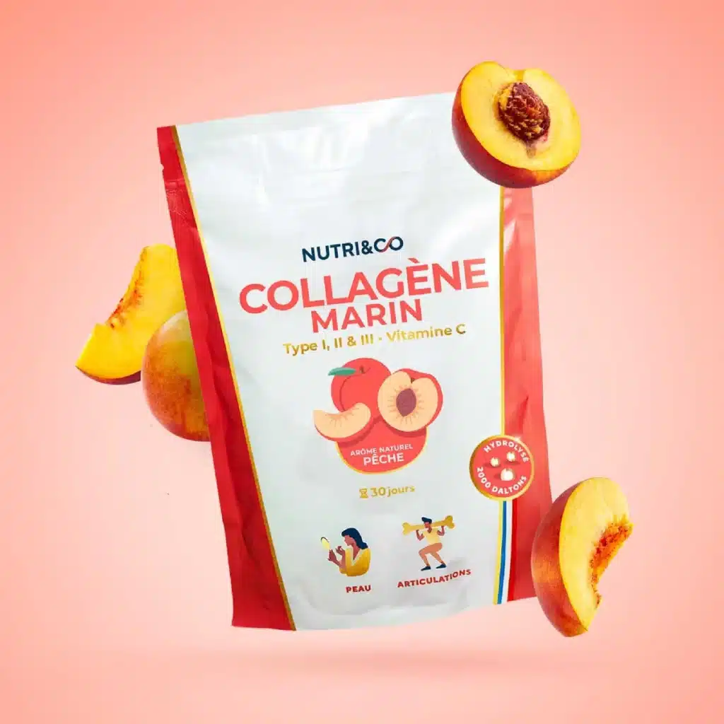 : sachets colorés Nutri & Co collagène marin aux différents arômes, posés sur un plan de cuisine, ambiance moderne et gourmande