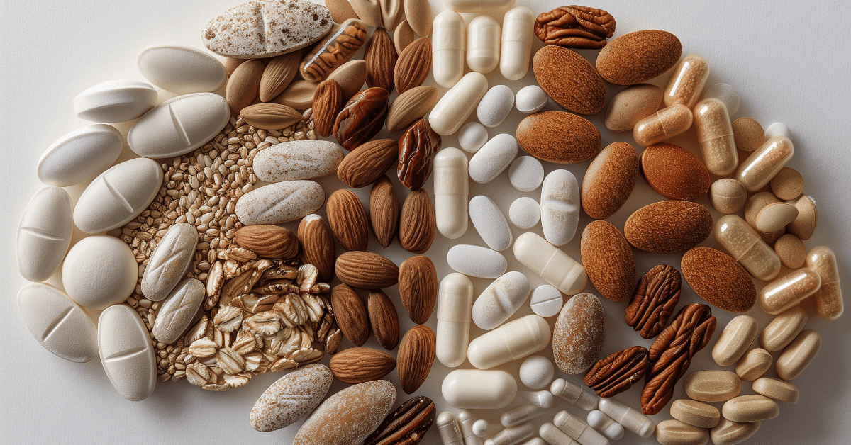 Flacons de compléments alimentaires naturels pour femmes posés sur une table en bois clair, illustrant un guide pour choisir selon l’âge et les besoins hormonaux.