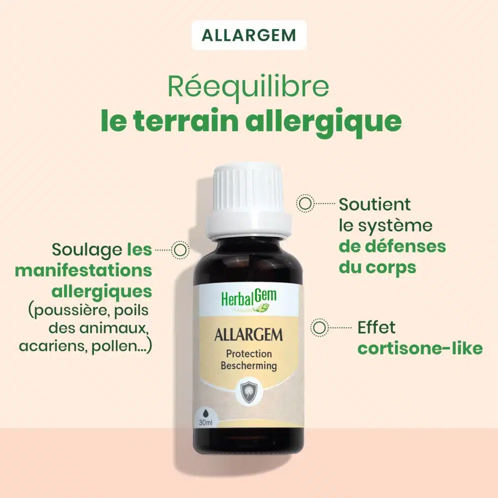 Flacon du complément Allargem Bio Herbalgem, mélange de bourgeons de cassis, charme et aulne, pour apaiser les allergies saisonnières.