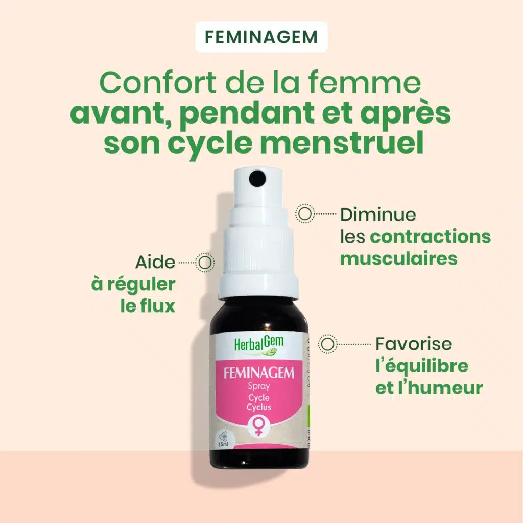 Flacon du Fem50 Gem Bio Herbalgem, complément naturel à base de bourgeons de framboisier et d’airelle pour accompagner la ménopause.