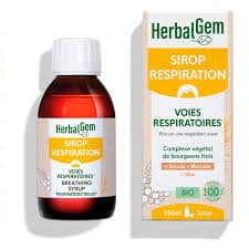 Flacon du Sirop Respiration Bio Herbalgem contenant miel, propolis et bourgeons d’aulne, pour apaiser la gorge et dégager les bronches naturellement.