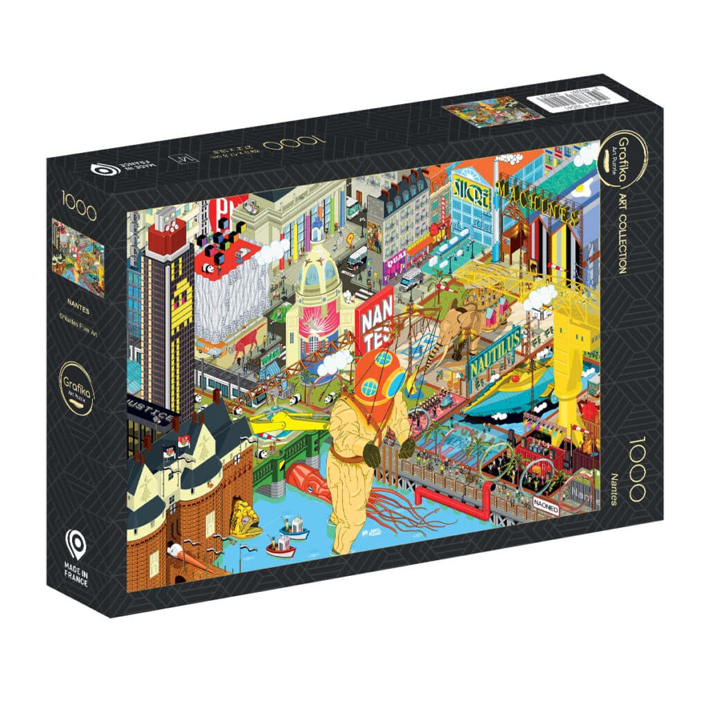  idée cadeau anniversaire puzzle pour adulte : puzzle “Nantes France Pieces & Peace” posé partiellement assemblé sur une table, pièces dispersées, tasse de café à côté, lumière douce, ambiance calme et créative, moment slow parfait à partager ou à savourer seul.