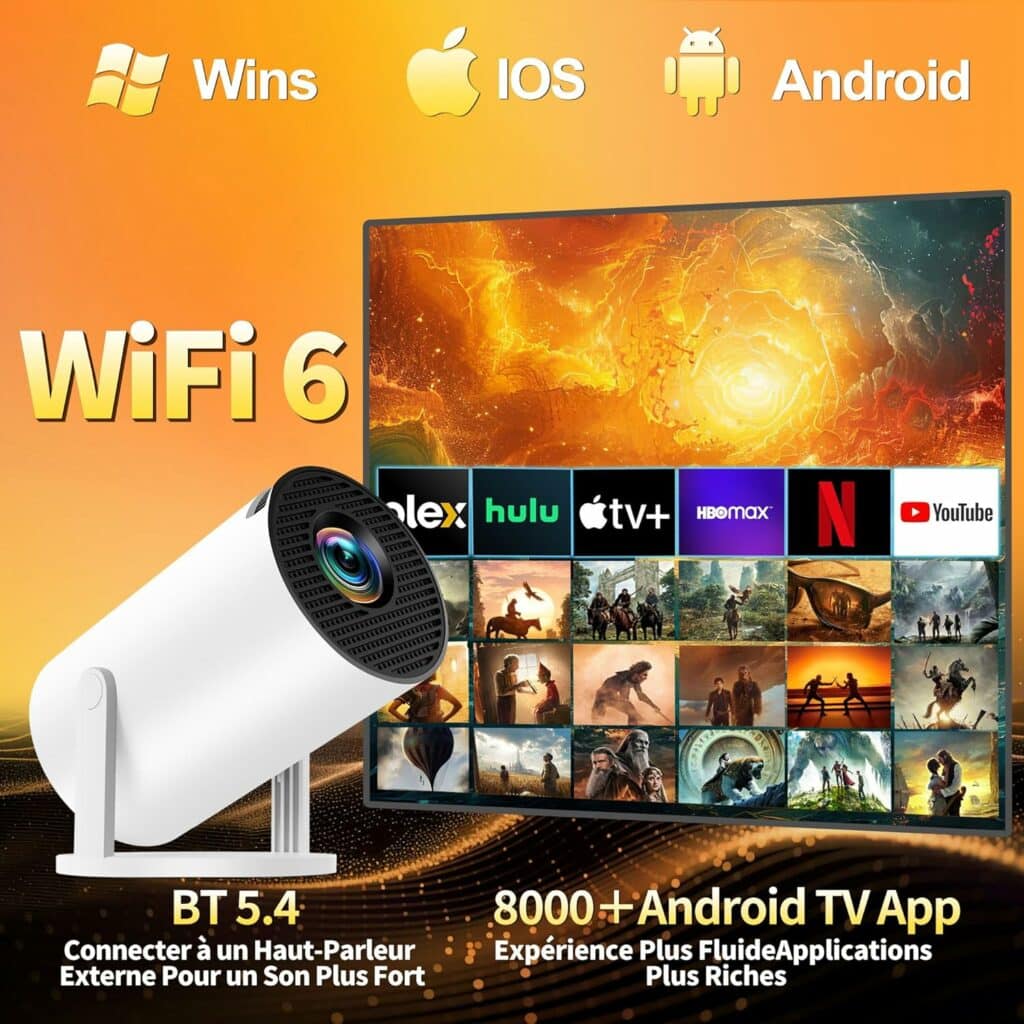  Idée cadeau anniversaire high-tech : mini projecteur portable posé sur une table basse avec lumière tamisée, mur blanc en fond affichant un film, plaid et tasse de thé à côté, ambiance cosy de soirée maison, parfait pour offrir une expérience cinéma à la maison.