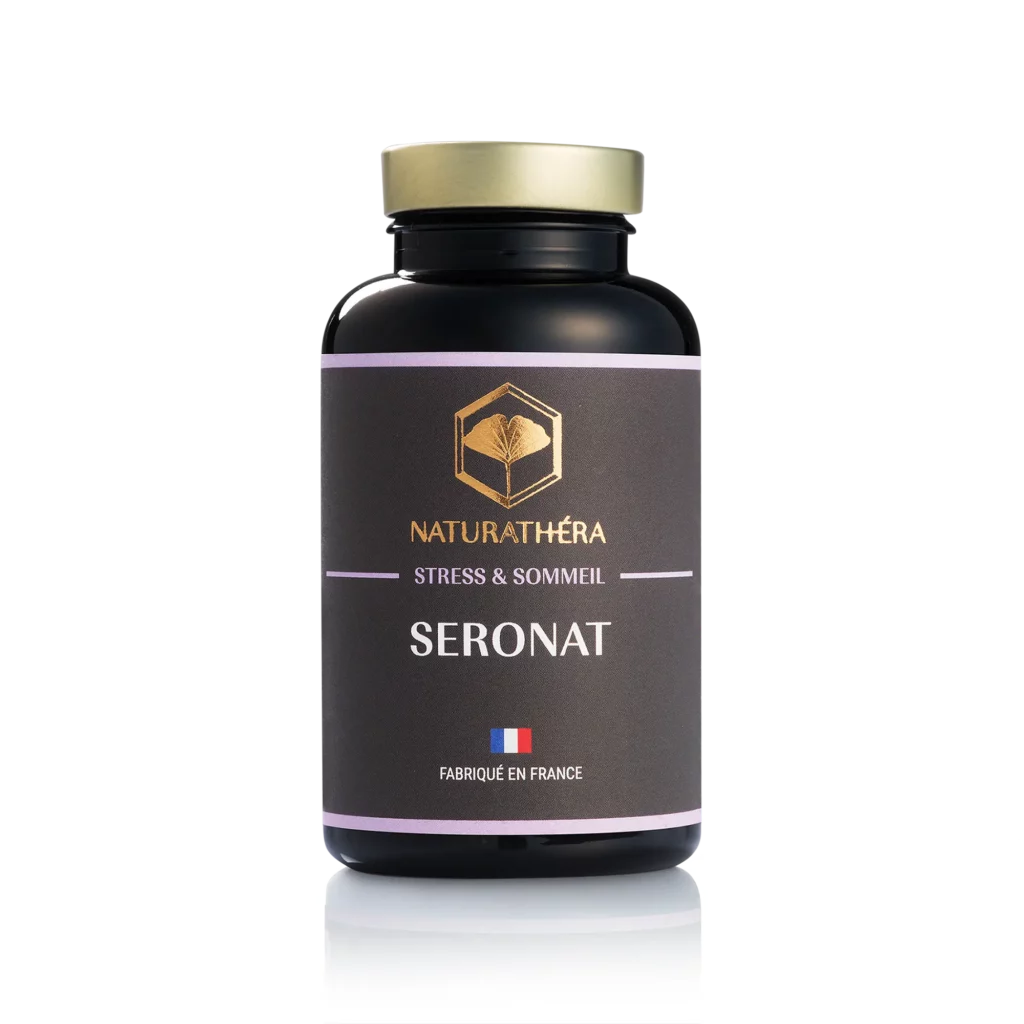 Flacon du complément Séronat Naturathéra à base de griffonia et tryptophane, favorisant la sérotonine et l’équilibre du sommeil et de l’humeur.
