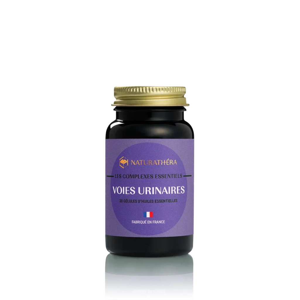 Flacon du complément Voies urinaires Naturathéra à base de cranberry, bruyère et D-mannose, soutenant le confort urinaire naturellement.
