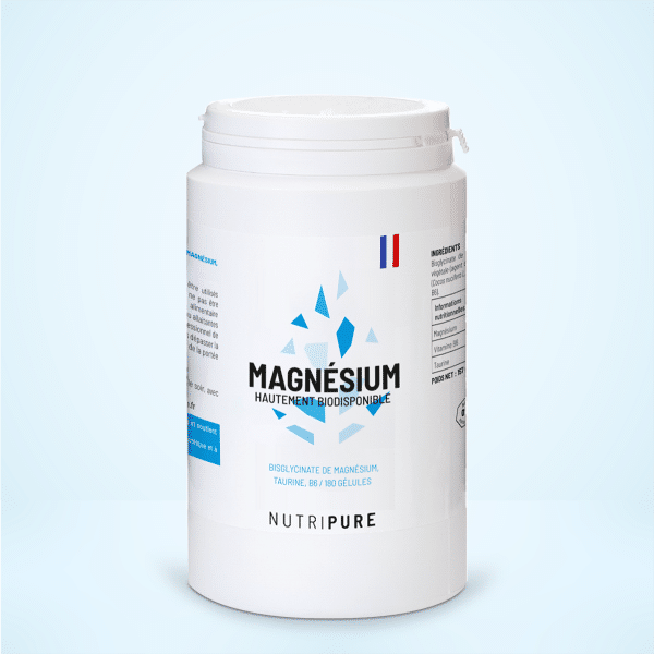 Flacon de Magnésium Taurine + B6 Nutripure, complément naturel contre la fatigue et le stress, sans additifs ni colorants.
