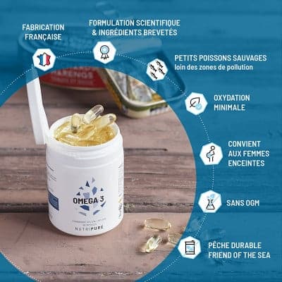 Flacon d’Oméga-3 EPAX Nutripure sur fond clair, gélules naturelles issues de poissons sauvages certifiés EPAX pour le cœur et le cerveau.