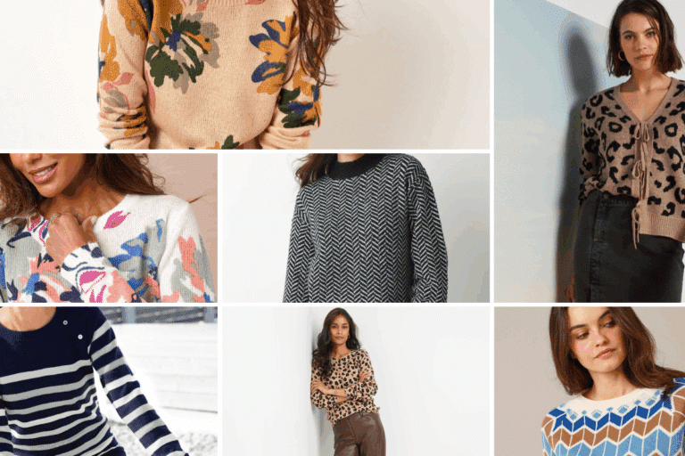 Pull d’hiver tendance 2025, maille douce beige avec motifs géométriques, aperçu des tendances mode femme automne hiver, jacquard et textures épaisses, inspirations de pulls modernes et confortables pour la saison froide.