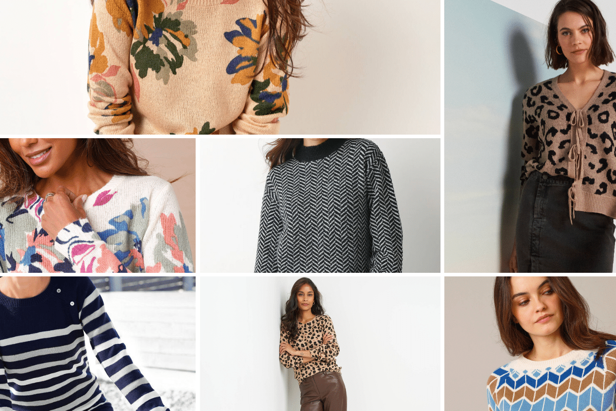 Pull d’hiver tendance 2025, maille douce beige avec motifs géométriques, aperçu des tendances mode femme automne hiver, jacquard et textures épaisses, inspirations de pulls modernes et confortables pour la saison froide.