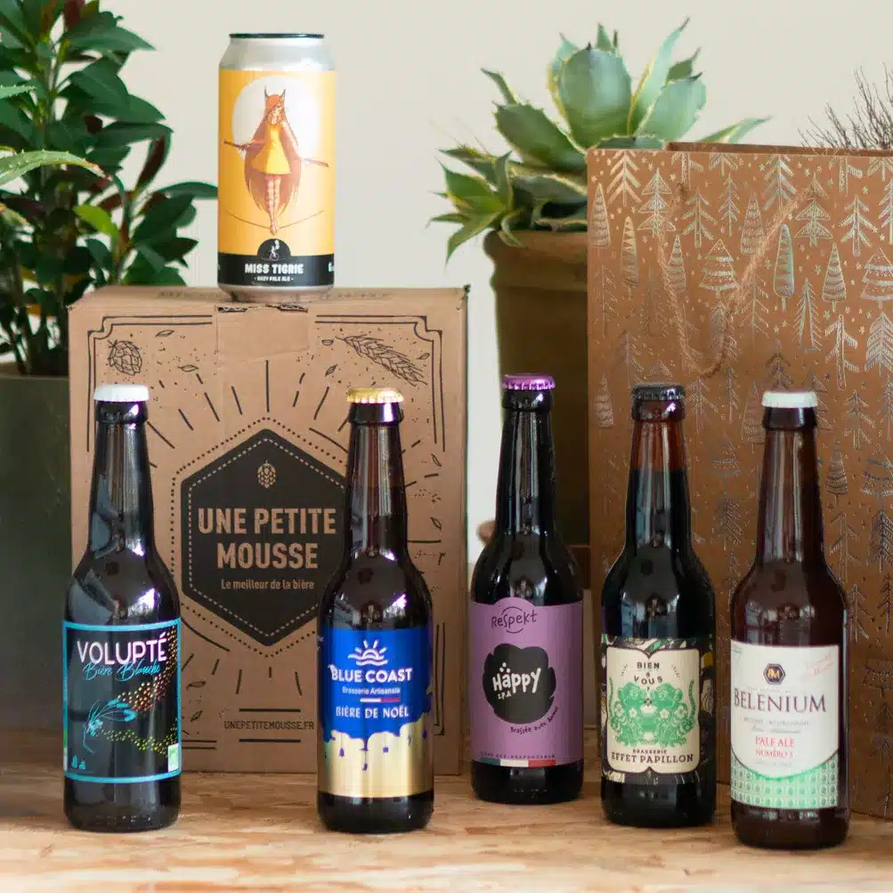 Idée cadeau anniversaire pour amateur de bière : coffret Une Petite Mousse contenant six bières artisanales de France et d’ailleurs, posées sur une table en bois avec verres de dégustation et livret explicatif, ambiance conviviale et lumineuse rappelant un apéritif entre amis, parfait pour offrir à un homme, une femme ou un proche curieux de découvrir de nouvelles brasseries artisanales.