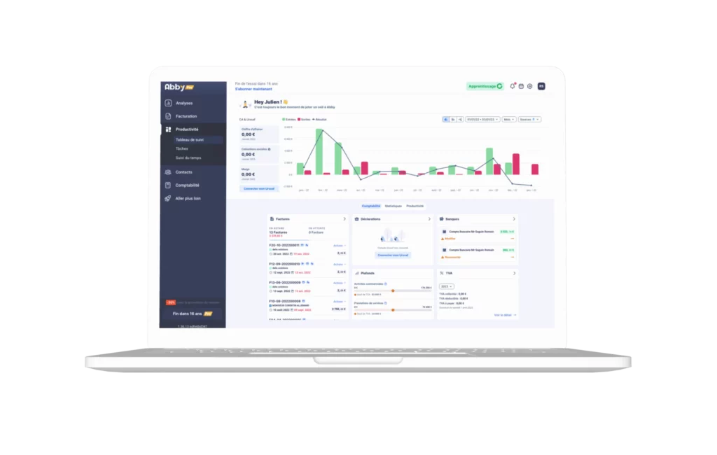 Vue de l’interface d’Abby utilisée par un auto-entrepreneur pour créer une facture, générer un devis et suivre son activité sans formation comptable
