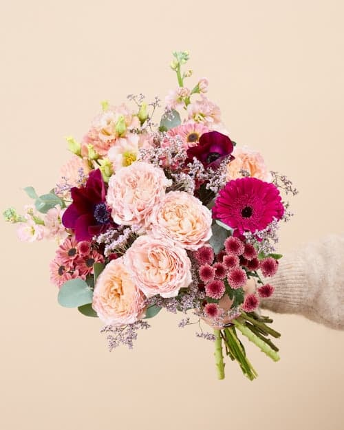 Bouquet Bergamotte dans son carton d’expédition avec tiges protégées et système d’hydratation pour montrer la qualité de la livraison.