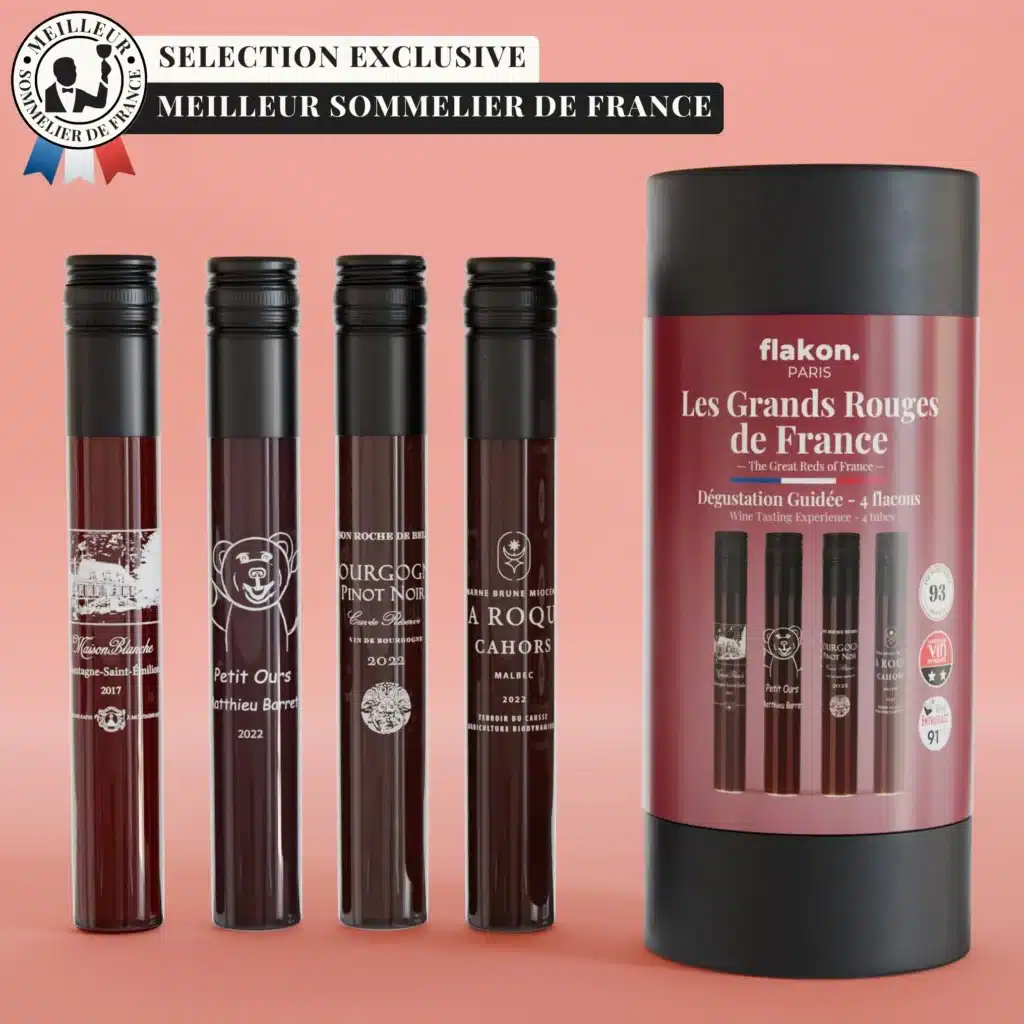 Coffret Flakon avec quatre flacons de dégustation vin et spiritueux en formats 100 millilitres et 50 millilitres présenté dans une boîte noire élégante pour illustrer une expérience de dégustation précise et sensorielle.