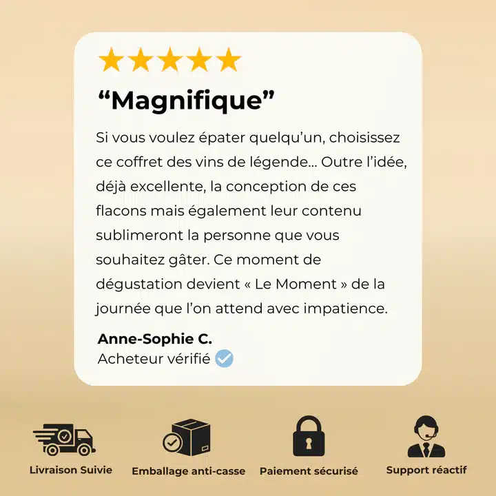 Capture illustrée d’un coffret Flakon et commentaires symboliques pour représenter la réputation positive de la marque et les retours fréquents des clients.