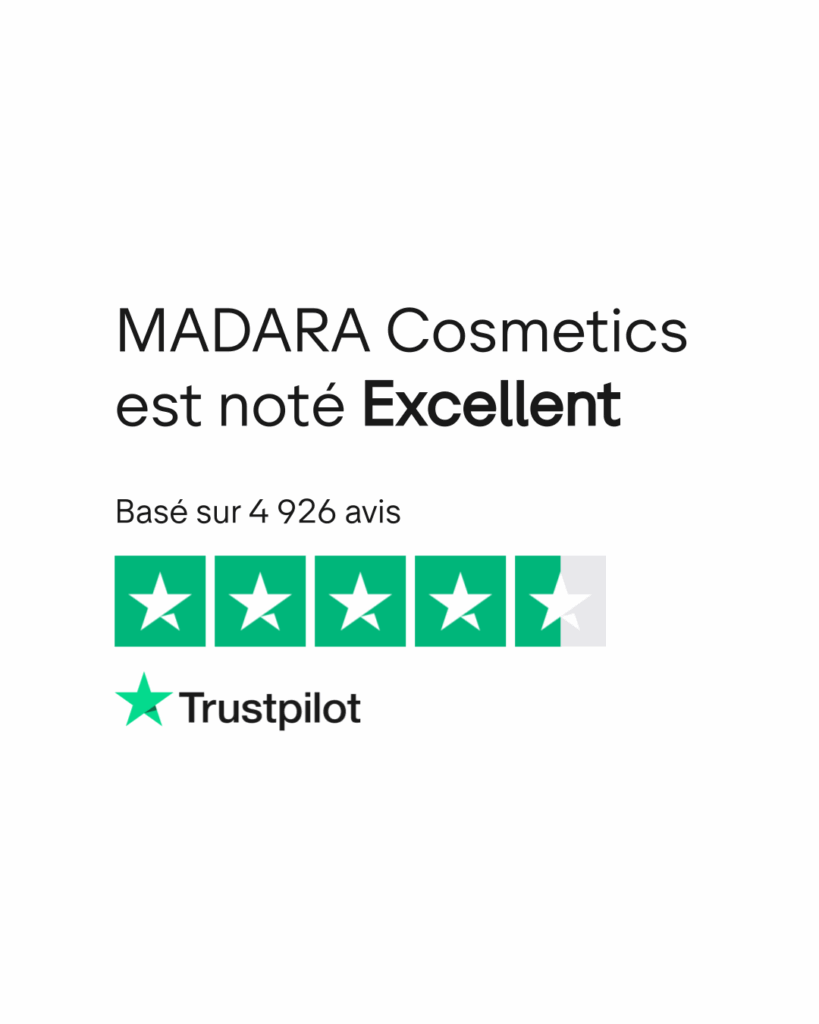 ontage d’avis clients sur MÁDARA Cosmetics issus de Sephora, Trustpilot et Beauté-Test, illustrant les retours d’utilisatrices sur les soins bio de la marque.