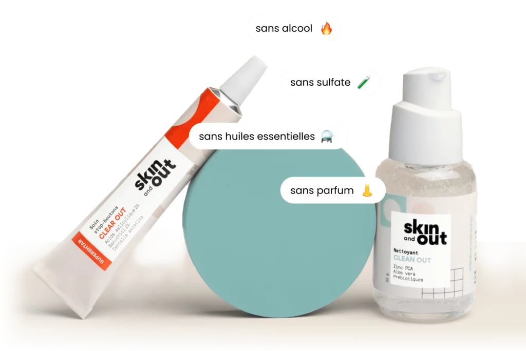 Montage d’avis clients issus de Trustpilot et du site Skin & Out, mentionnant l’efficacité des patchs et de la routine complète contre les imperfections.