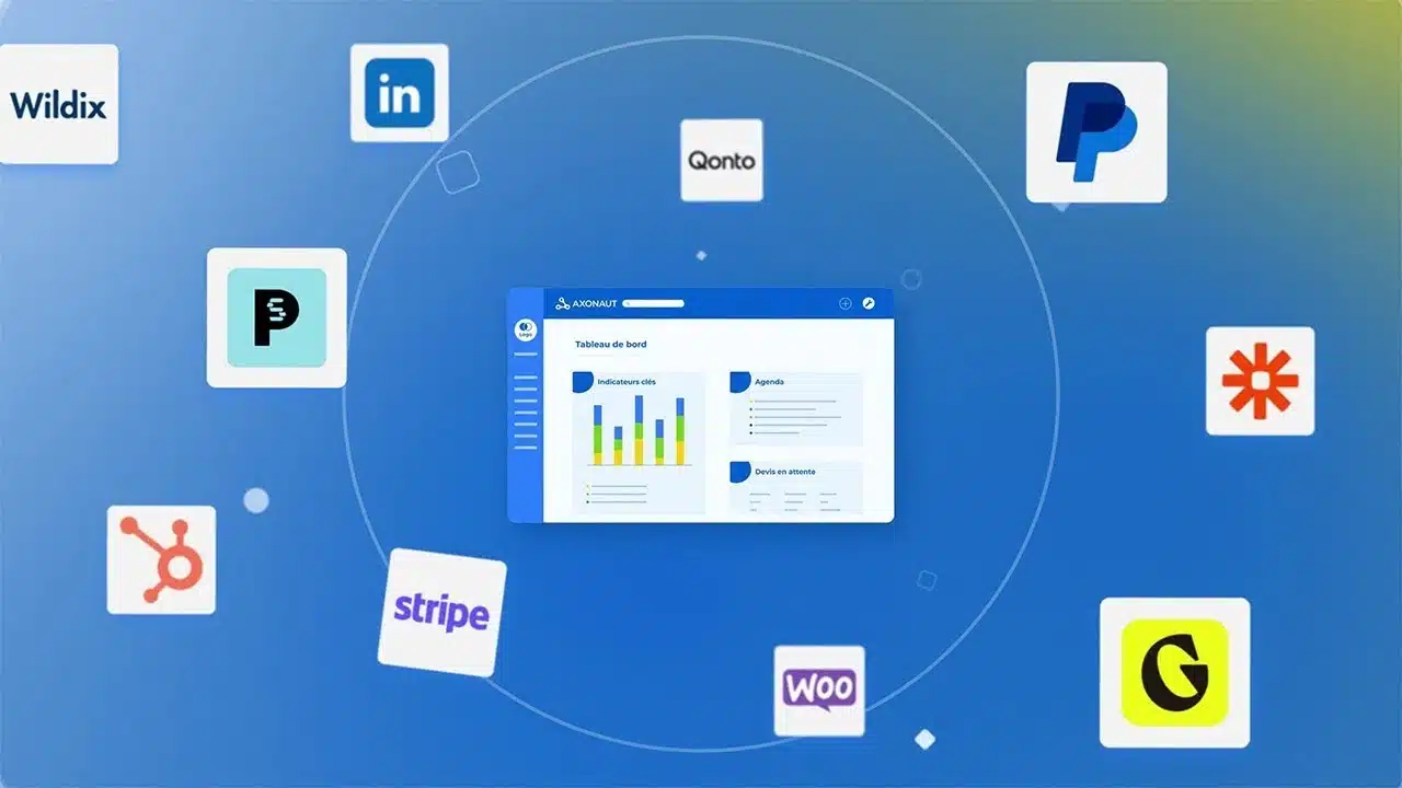 Interface d’Axonaut ouverte sur un écran d’ordinateur portable, montrant les fonctionnalités de gestion complète pour les petites entreprises et les TPE