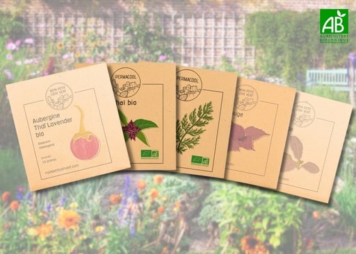 Graines, coffrets, produits pour la biodiversité et compost disponibles dans la boutique Permacool pour illustrer la variété des articles proposés.