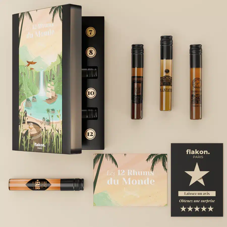 Flacons de cinquante millilitres contenant rhums rares whiskies français et spiritueux français pour illustrer les coffrets spiritueux Flakon et leur univers aromatique.