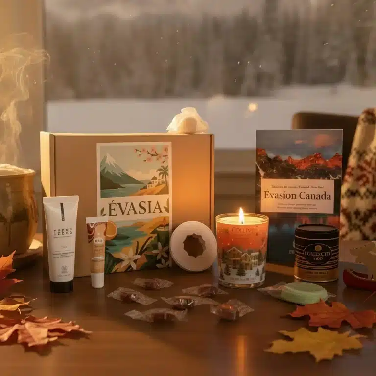 Présentation d’une Evasia Box ouverte avec une bougie, un diffuseur, une brume et un livret pour illustrer un test détaillé et un avis complet.