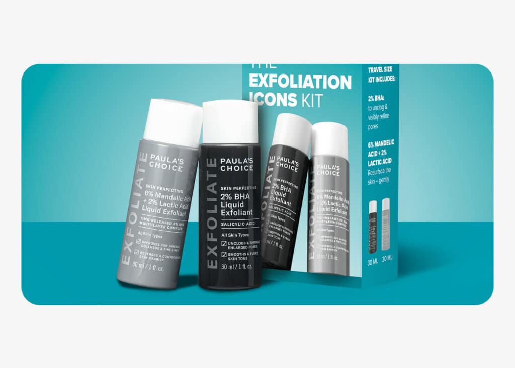 Les produits Paula’s Choice testés, exfoliant BHA, soin au rétinol et gel nettoyant Clear, présentés sur une coiffeuse, photo illustrant une revue de produits soins visage.