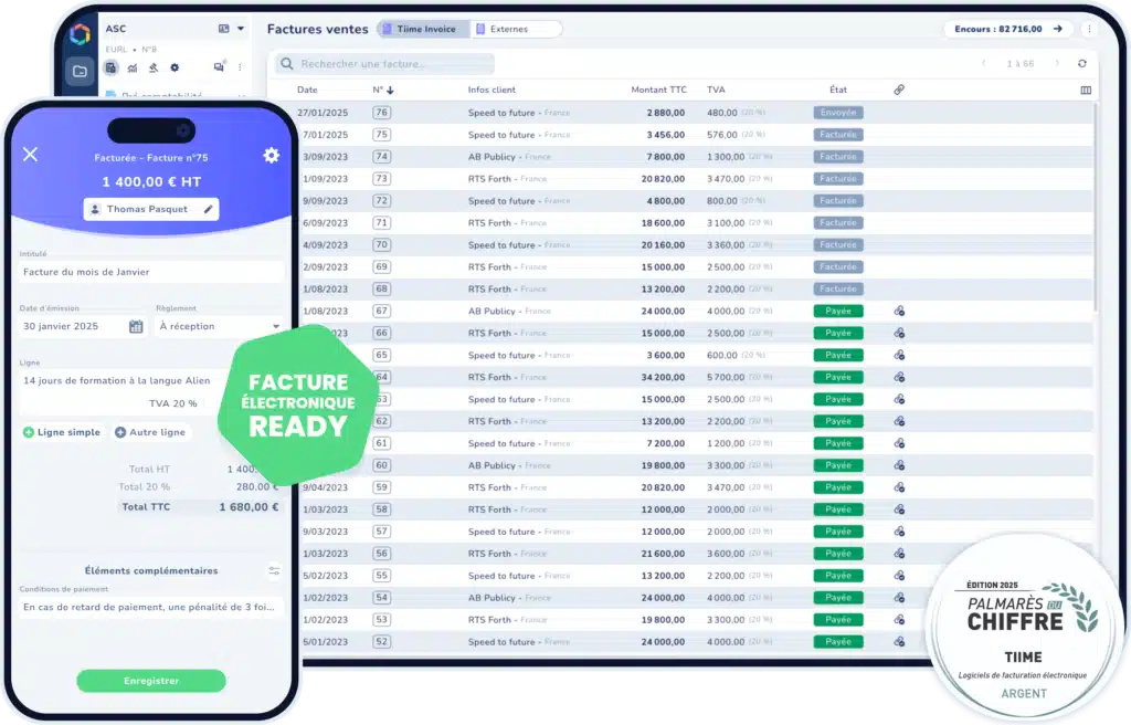 Interface de Tiime Invoice utilisée pour créer des devis et factures professionnelles conformes, avec aperçu des tableaux de suivi et relances automatiques