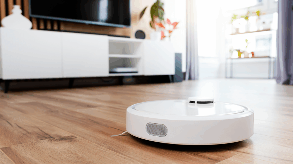 Aspirateur robot équipé de capteurs et de cartographie intelligente illustrant les technologies de navigation avancées, l’optimisation des trajets et la personnalisation du nettoyage par pièce dans un intérieur organisé