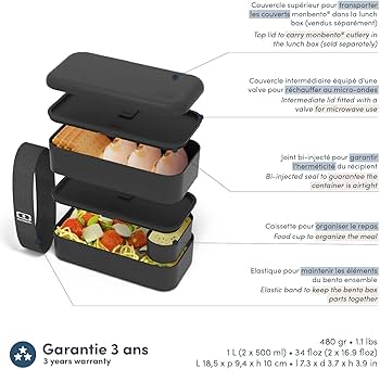 lunch box MB Original Noir Onyx ouverte avec ses compartiments et présentation de son usage nomade