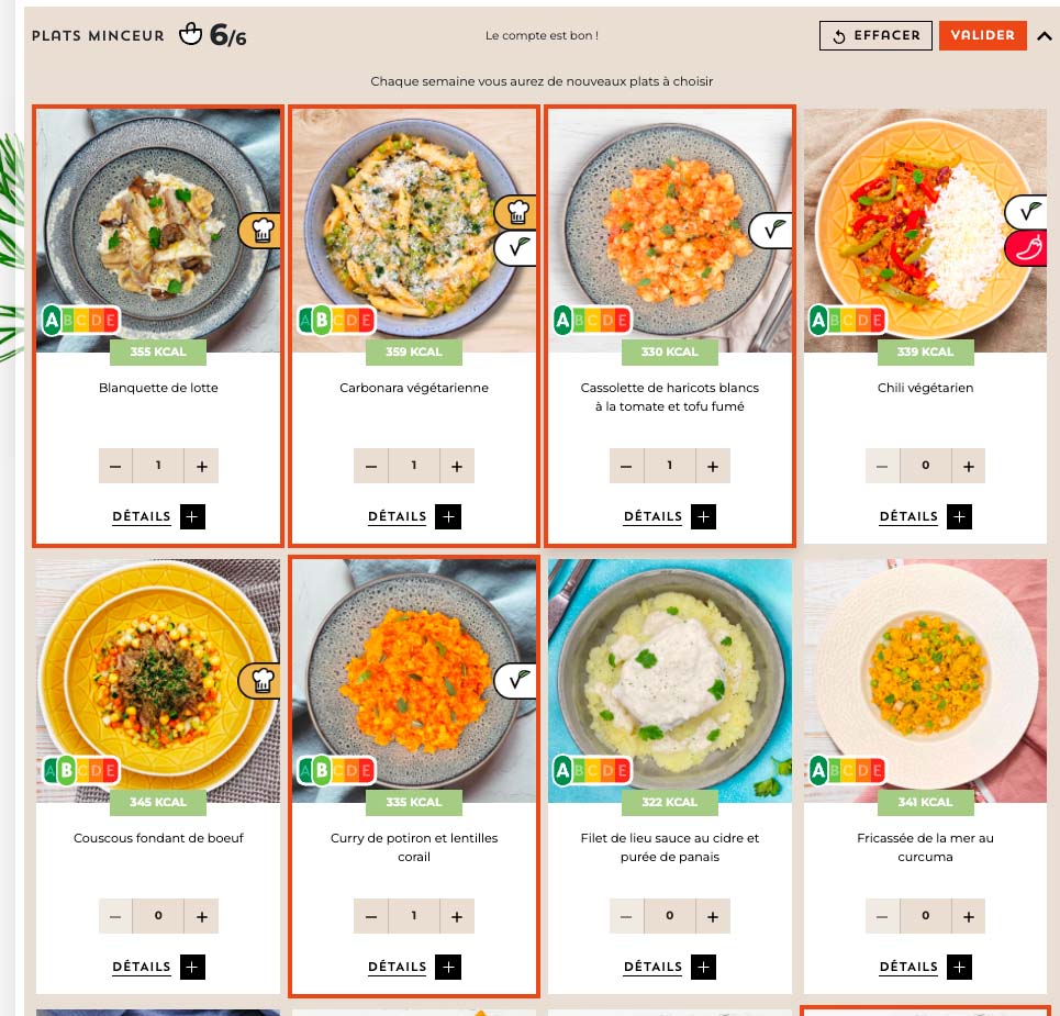 Capture d’écran du site Cheef montrant l’interface de sélection des plats lors d’une commande.