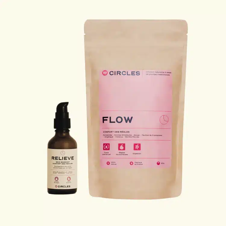 présentation du Duo Règles Sereines Circles avec le produit oral et le soin local côte à côte, ambiance réconfortante, illustration d’une approche combinée pour apaiser les règles très douloureuses et l’endométriose