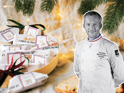 Boîte en bois remplie de petits fromages pour illustrer le calendrier de l’Avent du fromage proposé par La Boite du Fromager.