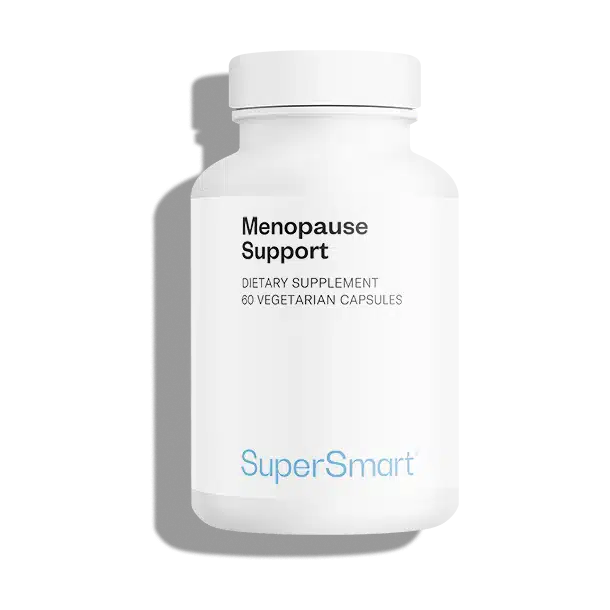 photo du flacon Menopause Support de Supersmart posé sur un fond beige naturel avec un plaid léger, ambiance confort et transition, illustration d’un complément pour apaiser les symptômes de la ménopause