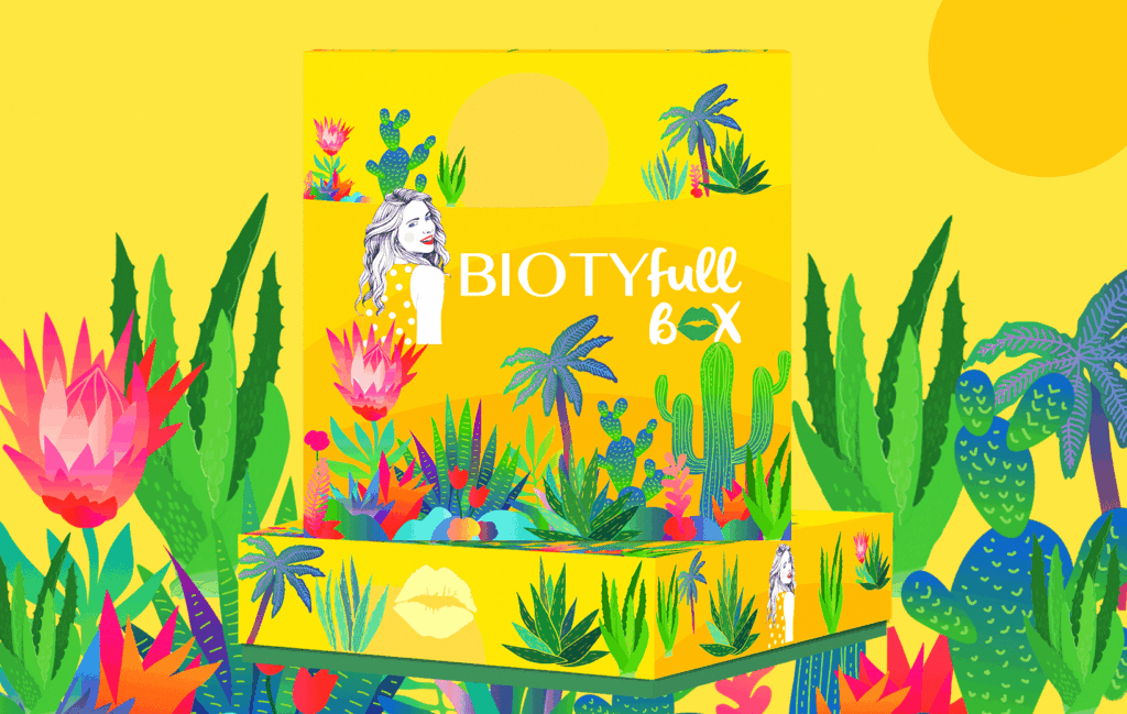 Image représentant l’univers coloré et généreux de la Biotyfull Box avec un packaging très illustré et des produits naturels made in France.