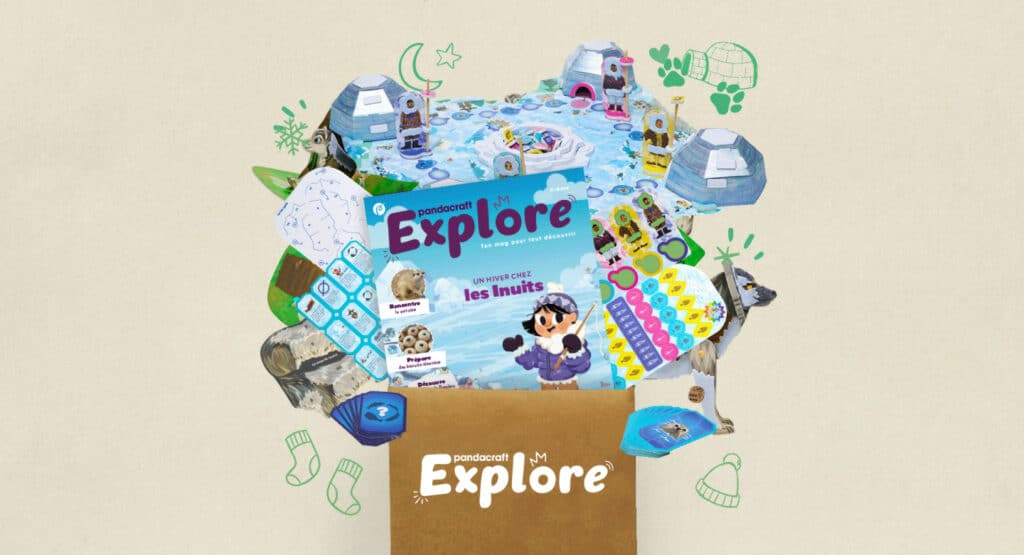 Illustration de l’univers Pandacraft avec des couleurs douces et une ambiance éducative qui montre la philosophie de la marque centrée sur la découverte du monde et l’apprentissage créatif des enfants à travers des kits et magazines mensuels.
