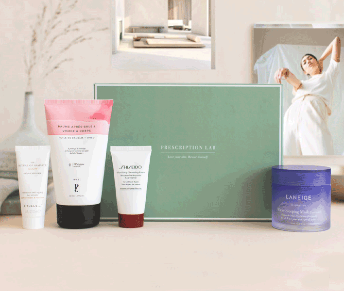 Image montrant plusieurs produits de la box Prescription Lab alignés pour illustrer la valeur totale des soins premium comparée au prix de l’abonnement mensuel.