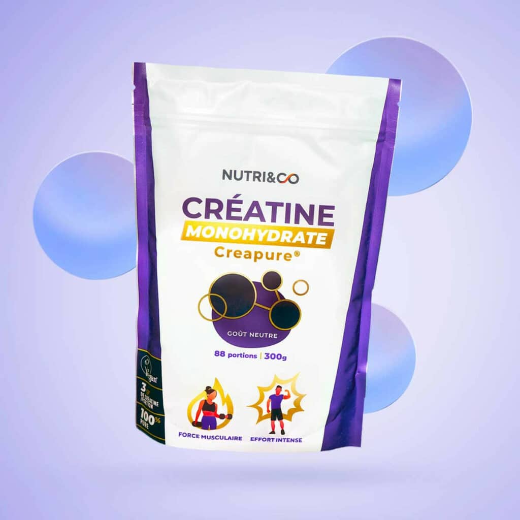 Pot de créatine Nutri and Co Creapure® posé sur une surface neutre, illustrant mon choix d’une créatine monohydrate pure sans additifs ni arômes pour un test axé sur la performance réelle