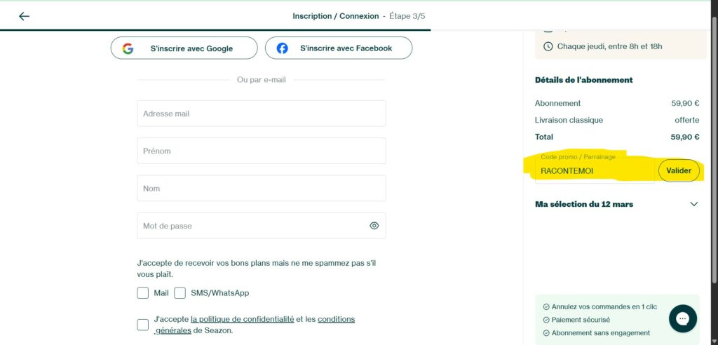 Panier Seazon avec code RACONTEMOI saisi et remise de 40 pourcent déduite du total avant paiement