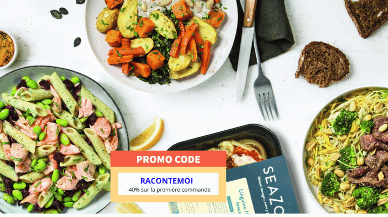 Ecran d’ordinateur affichant le site Seazon avec champ code promo rempli et réduction de 40 pourcent appliquée sur une première commande de plats préparés