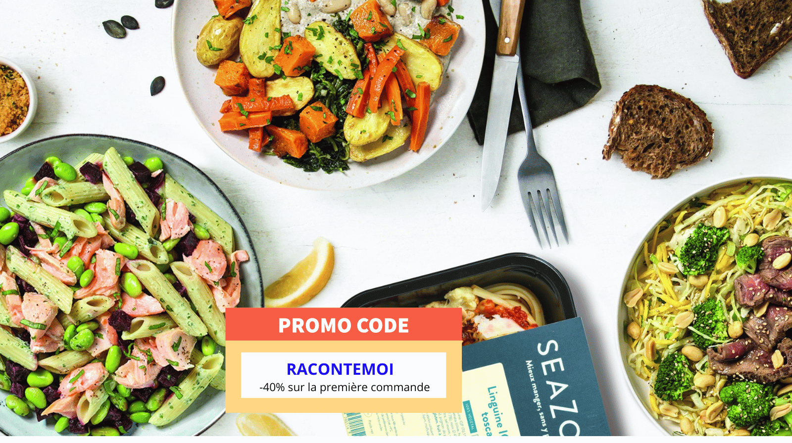 Ecran d’ordinateur affichant le site Seazon avec champ code promo rempli et réduction de 40 pourcent appliquée sur une première commande de plats préparés