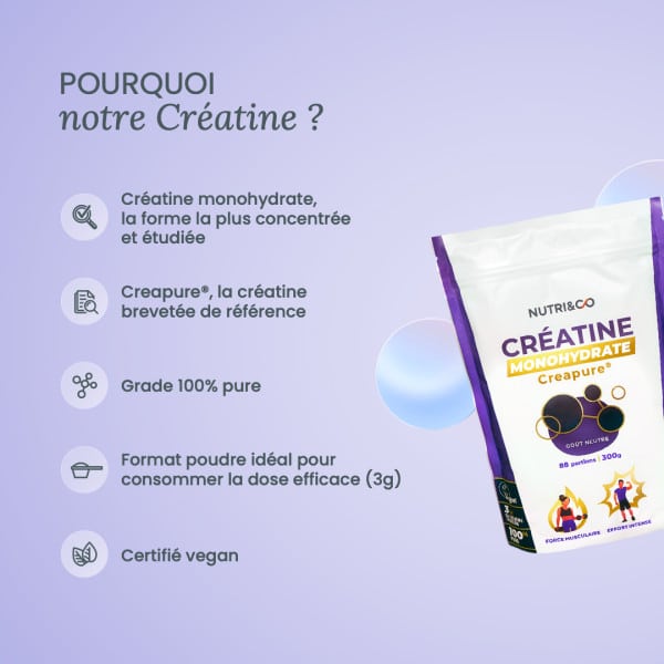 Zoom sur la créatine monohydrate Creapure® en poudre blanche fine, formule 100 % pure sans excipients ni sucre, utilisée dans mon test sportif