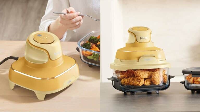 Ninja Crispi en verre sur plan de travail avec aliments trop chargés montrant les erreurs courantes de cuisson et de manipulation spécifiques à ce modèle d’airfryer
