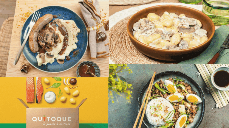 Table de cuisine avec trois plats réalisés à partir du menu Quitoque de la semaine, illustrant une box à cuisiner avec ingrédients frais et recettes maison