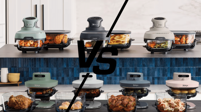 Comparaison entre le Ninja Crispi 4 en 1 et le Ninja Crispi Pro avec leurs bols en verre et leurs systèmes de cuisson différents
