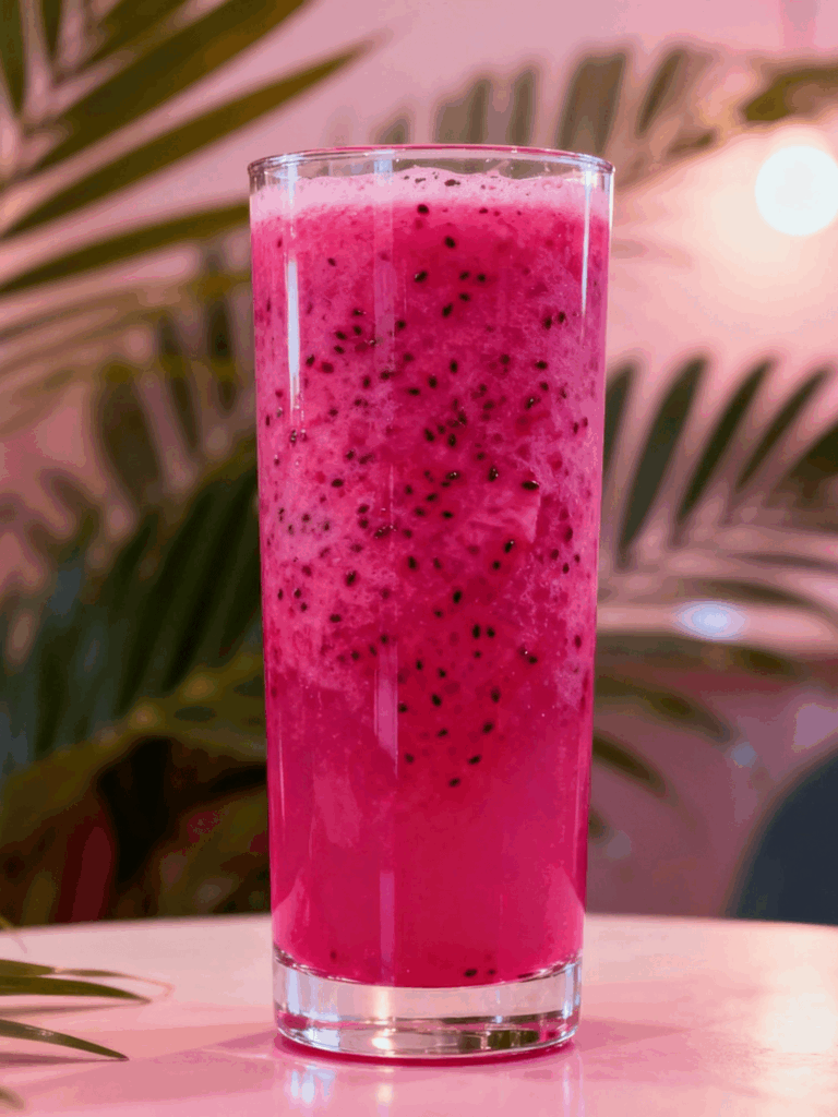 Smoothie rose au fruit du dragon mixé avec le Ninja BlendBoss dans un grand verre transparent