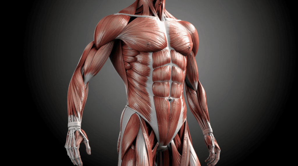 Illustration d’un muscle plus dense après supplémentation en créatine, montrant l’effet de rétention d’eau intracellulaire et le gain de volume musculaire