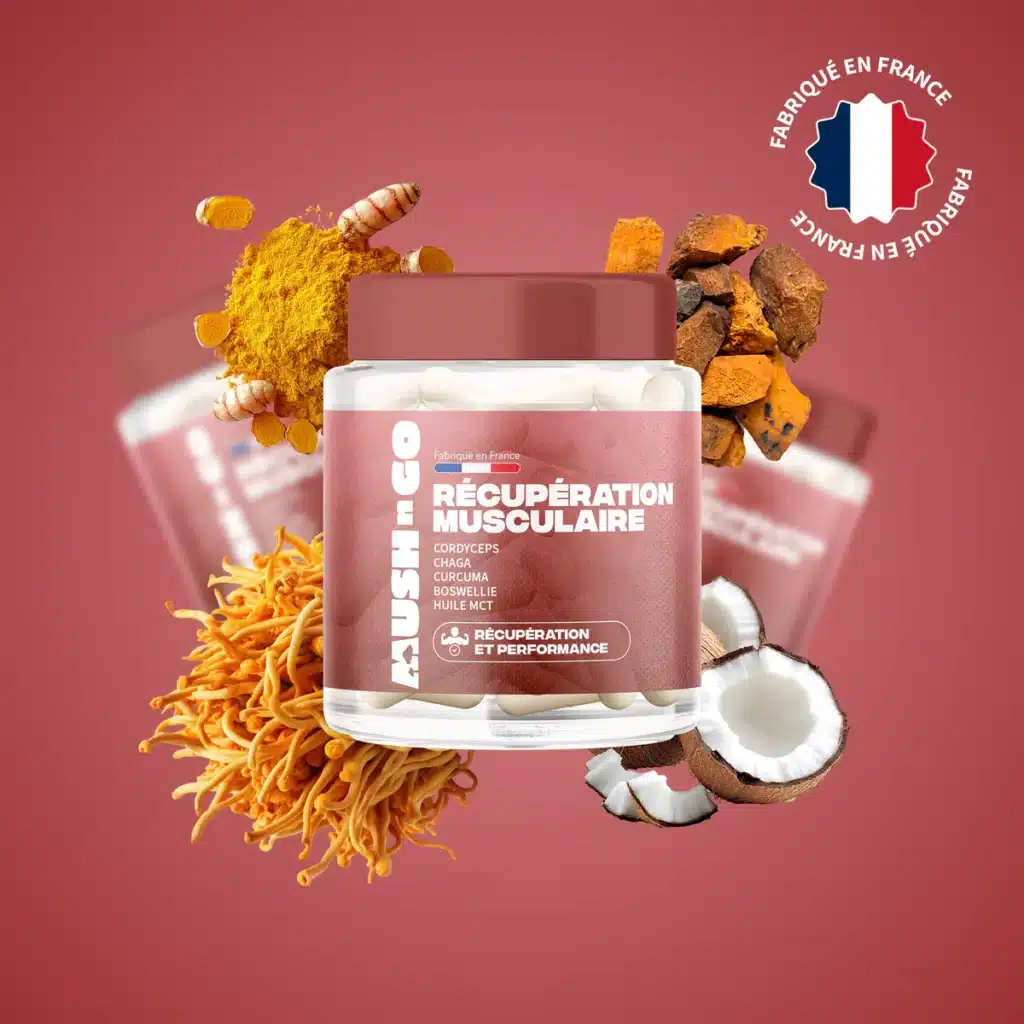 Boîte de gélules Récupération Musculaire Mush n Go à base de Curcuma Boswellia et Cordyceps, complément anti-inflammatoire naturel pour réduire les courbatures et accélérer la récupération après le sport