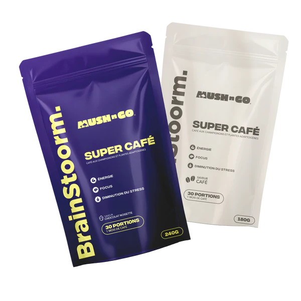 Sachet de Brainstoorm Coffee Mush n Go goût cacao préparé dans une tasse avec du lait chaud, alternative naturelle au café classique à base de Lion's Mane Cordyceps et Chaga, 35 mg de caféine par tasse