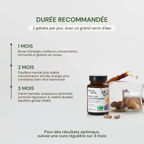 Boîte de gélules Complexe 5 champignons French Mush contenant Lion's Mane Reishi Cordyceps Chaga et Shiitaké bio, dosage 160 mg par champignon, fabrication française, 56 gélules pour 30 jours